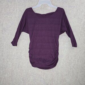 Elegant Draped Women’s 3/4 Sleeve Purple Top With Bow & Side Ruching Size M